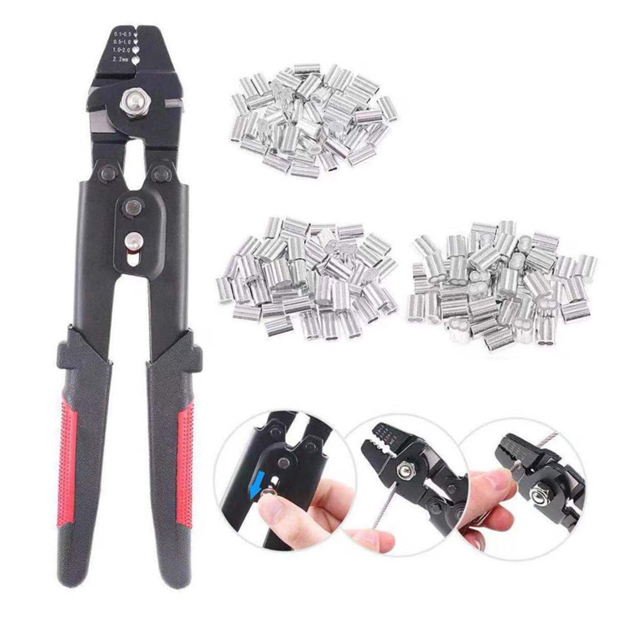 LIFKOME 1pezzi Pinza Crimpare Per Funi Con Manico Antiscivolo Bloccaggio Automatico e Manicotti in Alluminio Per Fili Pesca e Cavi Da Utensile Resistente Alla Corrosione