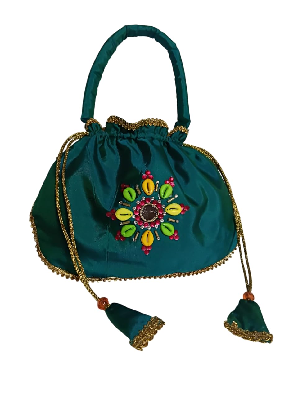Veena creations Teal Green Potli Bag with Gold Lace Border, Cowrie Shell Embellishment, Drawstring Closure, Ethnic Handbag-image-5