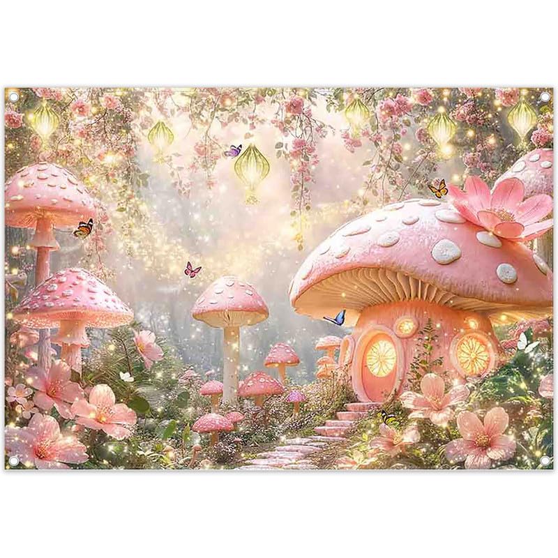Luminora Fondo de 2,1x1,5m con diseño de casa de Hongos Rosa primaveral, jardín Floral de Las Maravillas, linternas, Mariposas, decoración para Fiestas Infantiles y Adultas, Pancarta fotográfica