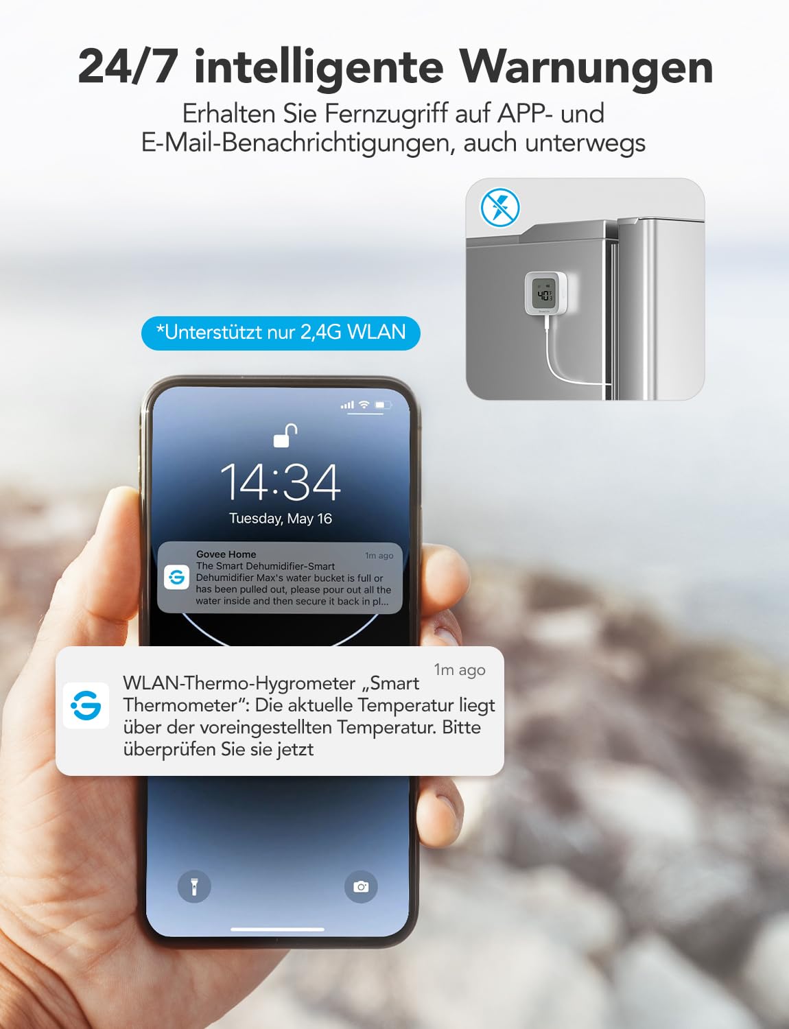 GoveeLife WLAN Kühlschrank Thermometer Digital mit Alarm, Kabellosem Funk Gefrierschrank Thermometer mit App, LCD-Display, 2 Jahre Datenexport, für Kühlschränke, Gefrierschränke, Aquarium