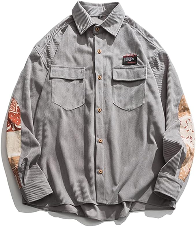 Men Pink Corduroy Casual Shirt Long Sleeves Patch Vintage