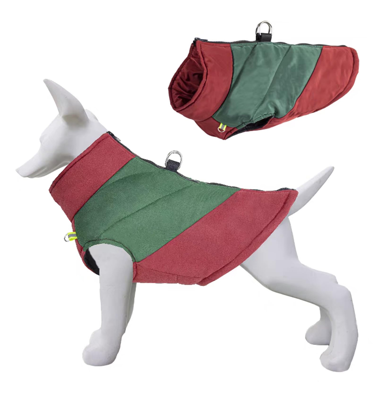 Dog Winter Warm Coat with D-Ring,Slightly Waterproof Pet Color Blocking Jacket Dog Cold Weather Clothing for Small Medium Large Dogs_M(Wine Red & Green)