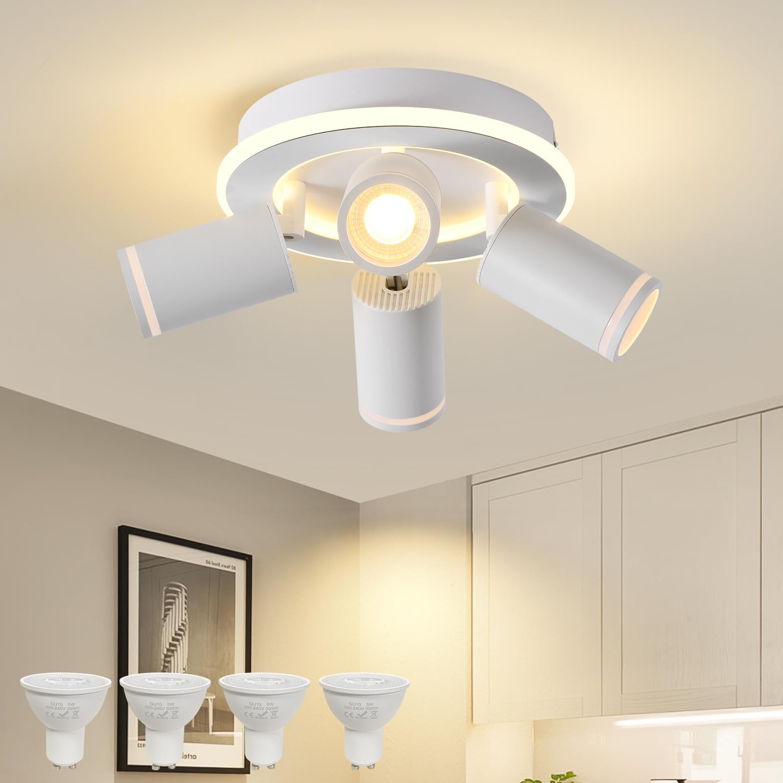 Faretti led soffitto a 4 fiamme orientabili,plafoniera rotonda con bagliore inferiore 22W+4x5W spot GU10,faretti soffitto bianco caldo 3000K,lampada soffitto modern,faretto per cucina,soggiorno bianco