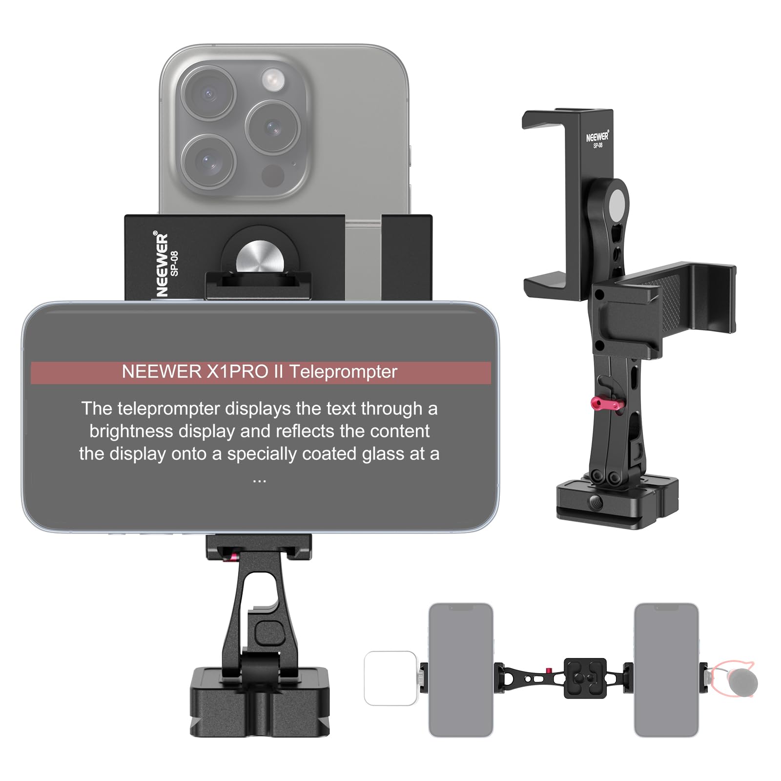 NEEWER Adaptateur Support de Trépied Téléphone en Métal avec Base Arca QR,Support de Pince à Double Clip pour Téléphone Portable Rotatif à 360°avec 4 Sabots Froids Compatible avec iPhone Samsung,SP-08
