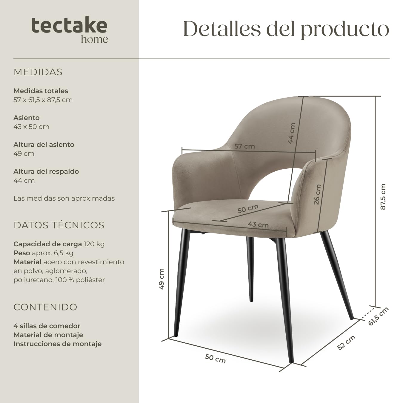 tectake® sillas de Comedor Elegantes, Terciopelo, Silla Comedor nordica, Silla de Cocina Acolchada con reposabrazos, sillas Comedor Modernas con Patas de Acero Antideslizantes - 4 Sillas Gris Topo