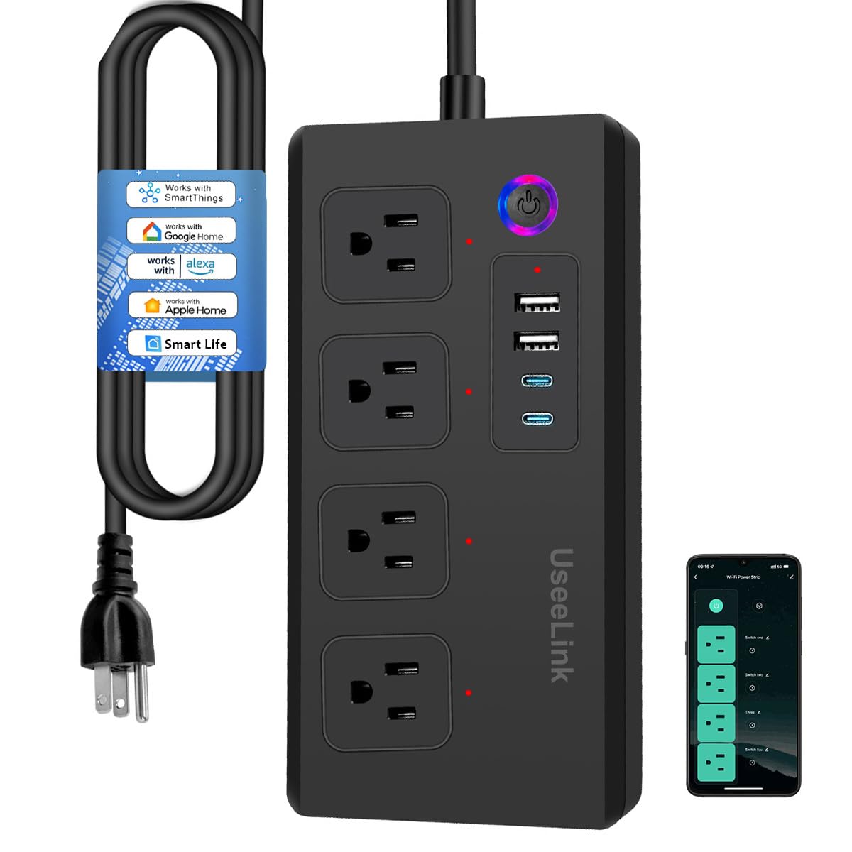 XENON Smart Plug Power Strip，Surge Protector with 4 Individually Controlled Smart Outlets, Voice Control,4 USBs (incl. 20W USB-C), Compatible with Alexa and Google Home,5Ft Extension Cord Wi-Fi Version-Black