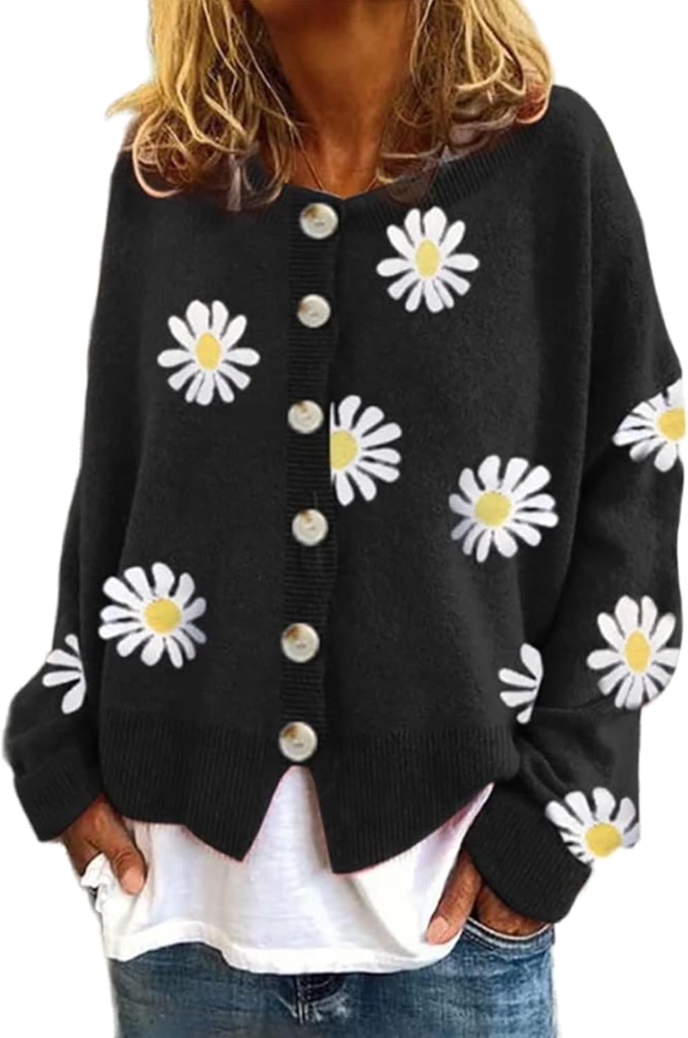 Daisy Flower Cardigan Sweater for Women Button Down Long Sleeve Sweaters Aesthetic 90s Women Sweater Outfits