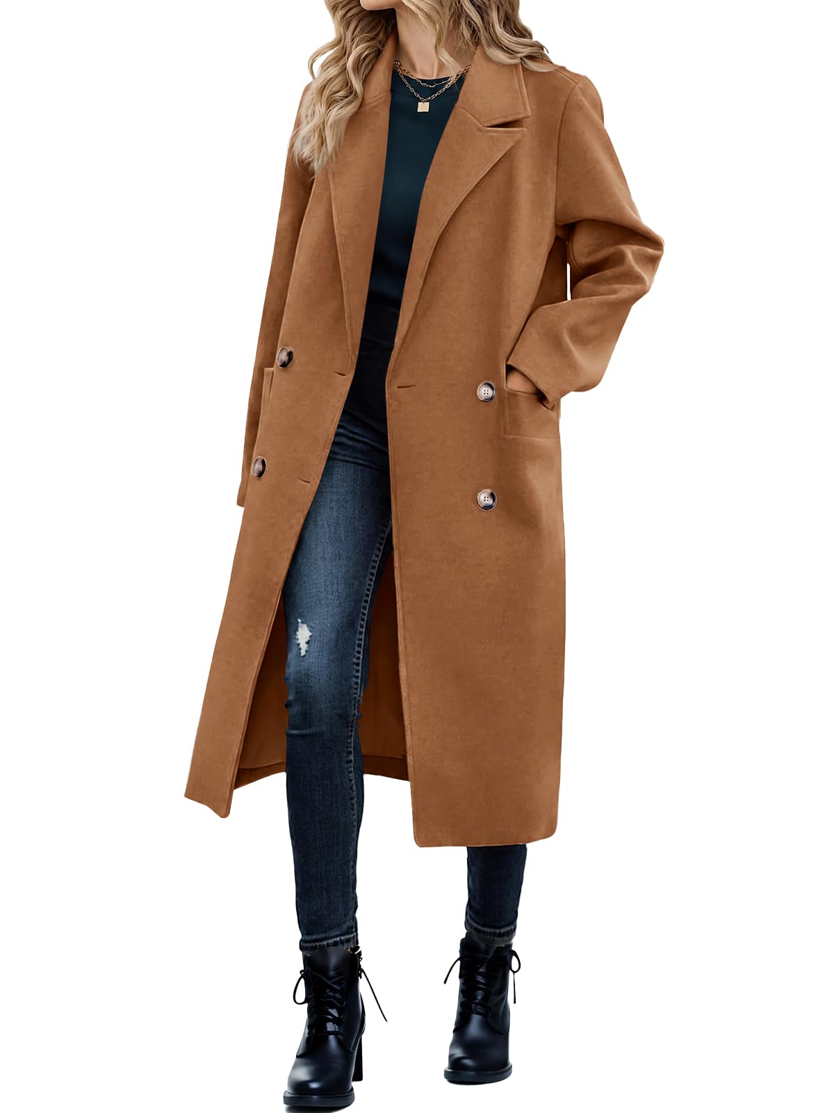 saodimallsu Women Double Breasted Pea Coat Casual Long Lapel Work Office Overcoat Trenchcoats with Pocket-picture-39