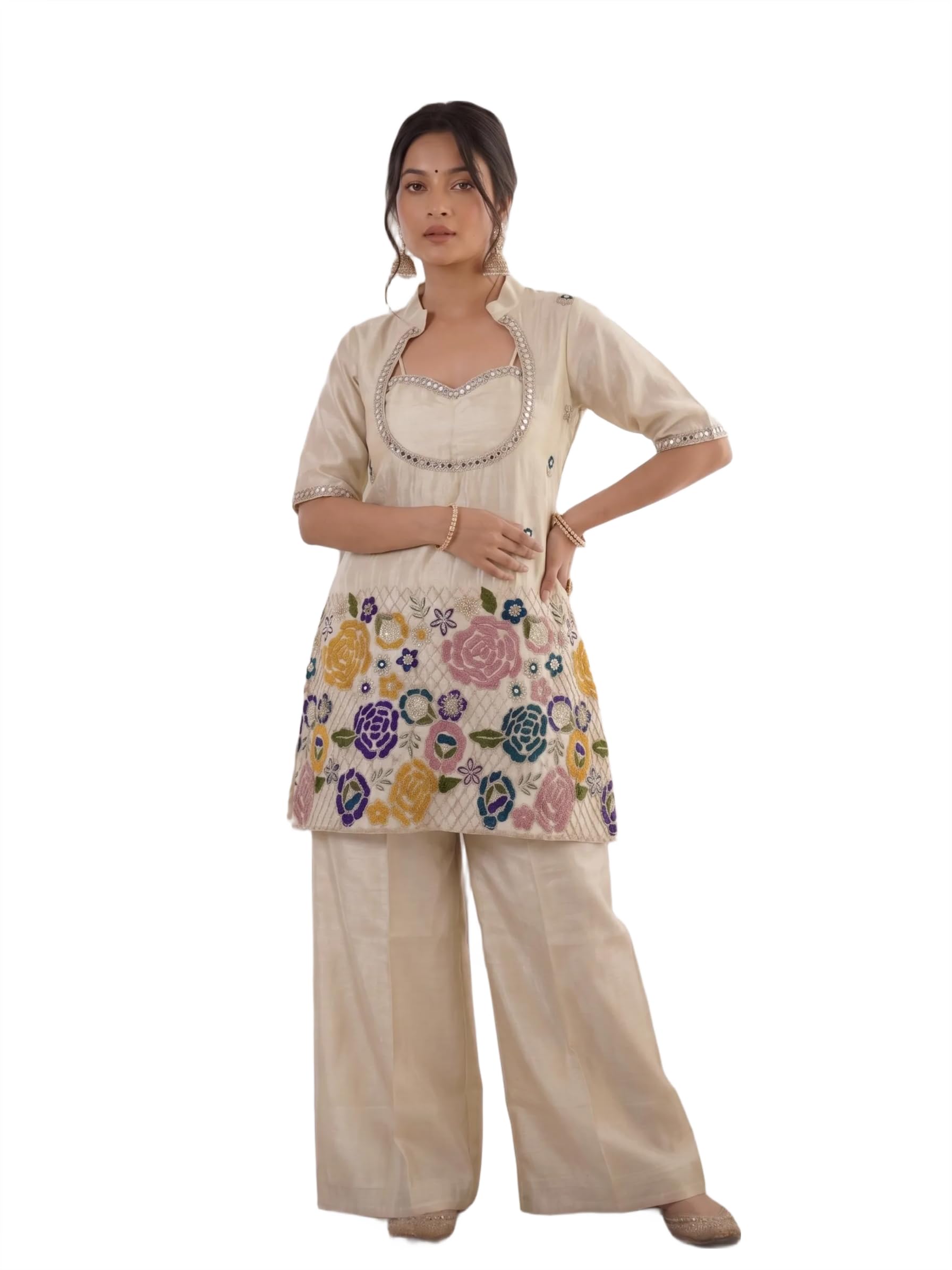 Women's Tissue Shimmer Silk Co Ord Set with Mirror Work Embroidered Bustier Top-image-6