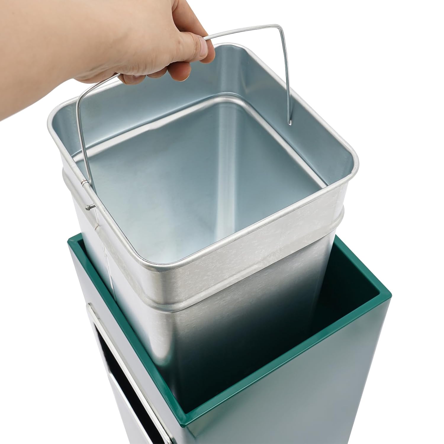 9x9x24in Trash Bin, 3 Gal Outdoor Waste Container, Square Stainless Steel Trash Can with Removable Inner Can, Industrial Garbage Enclosure Inside Cabinet with Ashtray (Green)