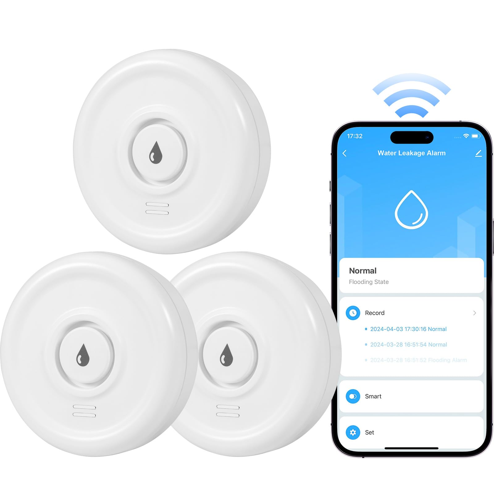 Lot de 5 détecteurs de fuite d'eau WiFi, alarme d'eau 100 dB, pour la maison, la cave, la salle de bain, la cuisine (lot de 3)