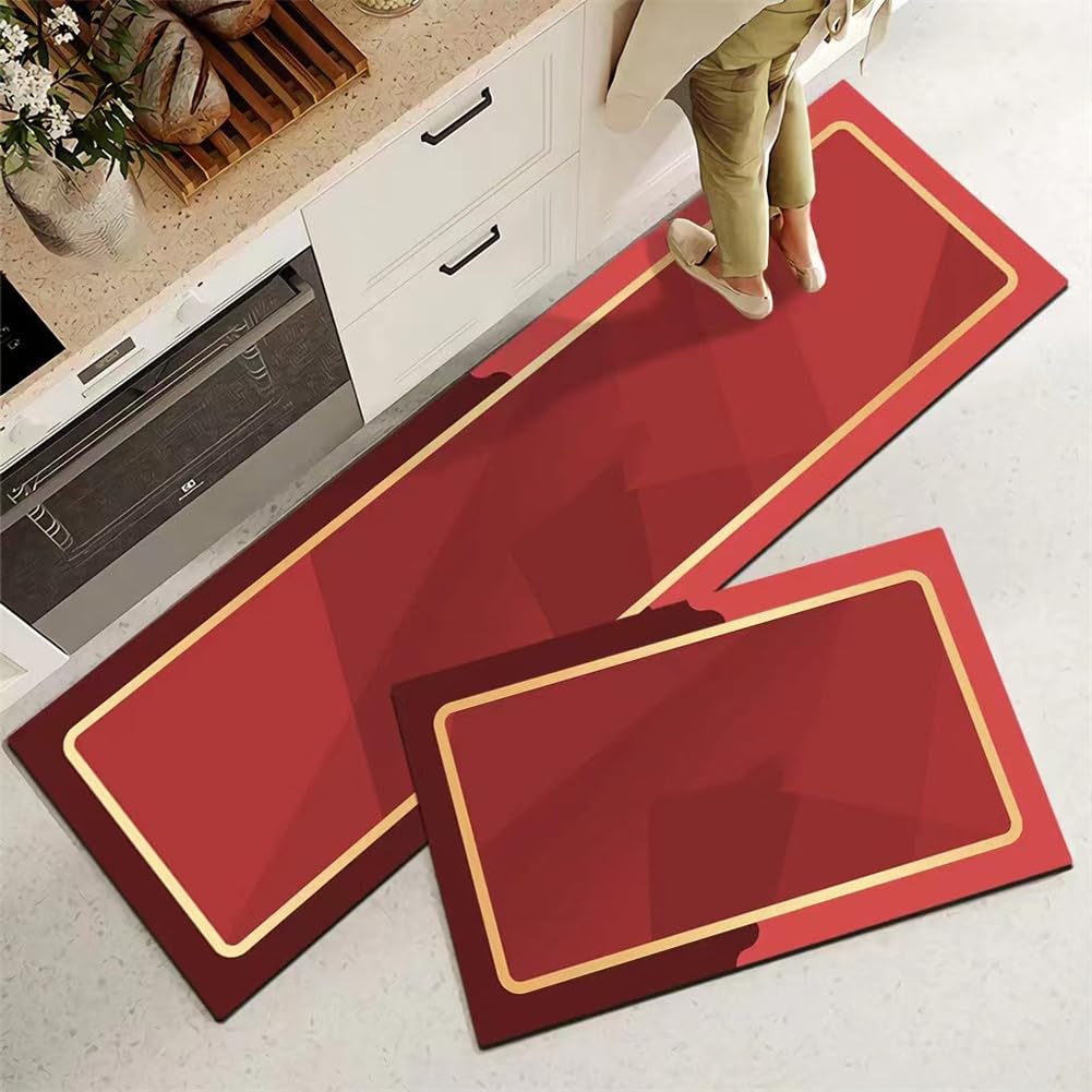 KüChenläUfer KüChenmatte 45x120cm, KüChenteppich Waschbar rutschfest, Teppich LäUfer Flur FußMatte Badematten, Wasser öL Aufnehmen Teppich KüChe Set für KüChe Wohnzimmer, Badezimmer Red