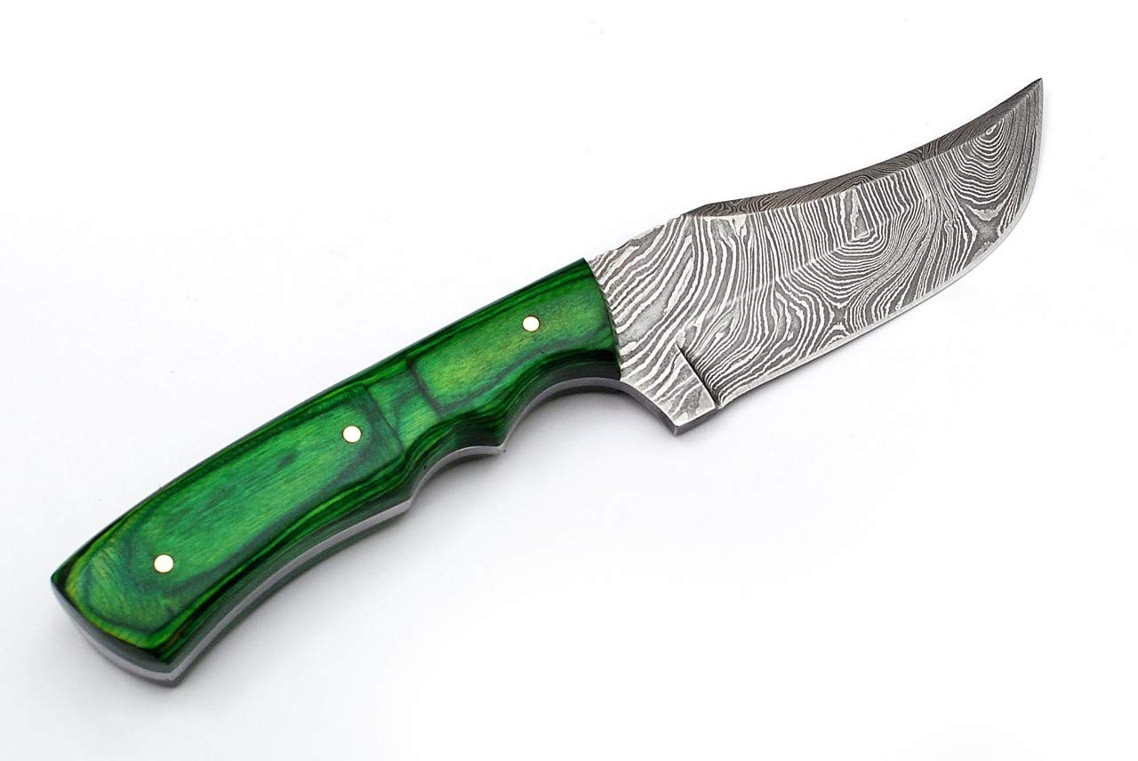 Anna Home Collection AN-9013 Custom Made Damascus Steel Hunting Knife Pukka Wood Handle with Real Leather Sheath. (Green)