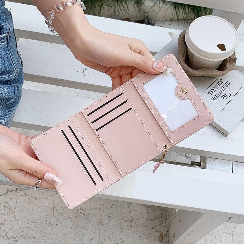 Elegant Tri-Fold Wallet for Women – Compact Pink Card Holder & Coin Purse with Charm, Chic Pink Ribbed Wallet with Bow Charm – Small Tri-Fold Card Holder & Coin Pouch Gift for Her3