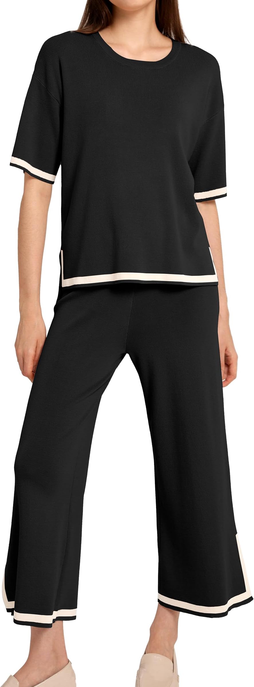 SuperPrity Women Sweater Set 2 or 3 Piece Outfits Short/Long Sleeve Knit Pullover Tops High Waist Wide Leg Pants Lounge Sets