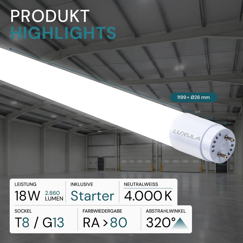 LUXULA 10er Pack LED Röhre 120cm - Kunststoff T8 G13-18W 2880lm - 4000K Neutralweiß - inkl. Starter-Brücke - Röhrenlampe Leuchstoffröhre Neonröhre