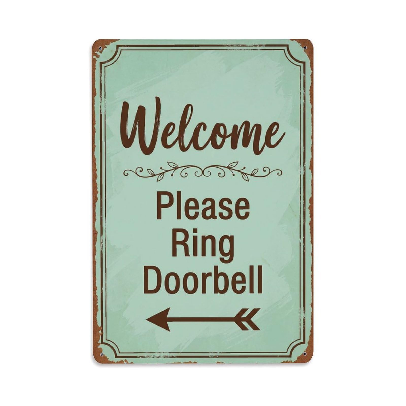 Vintage Welcome Please Ring Doorbell Arrow Vine Metal Tin Sign