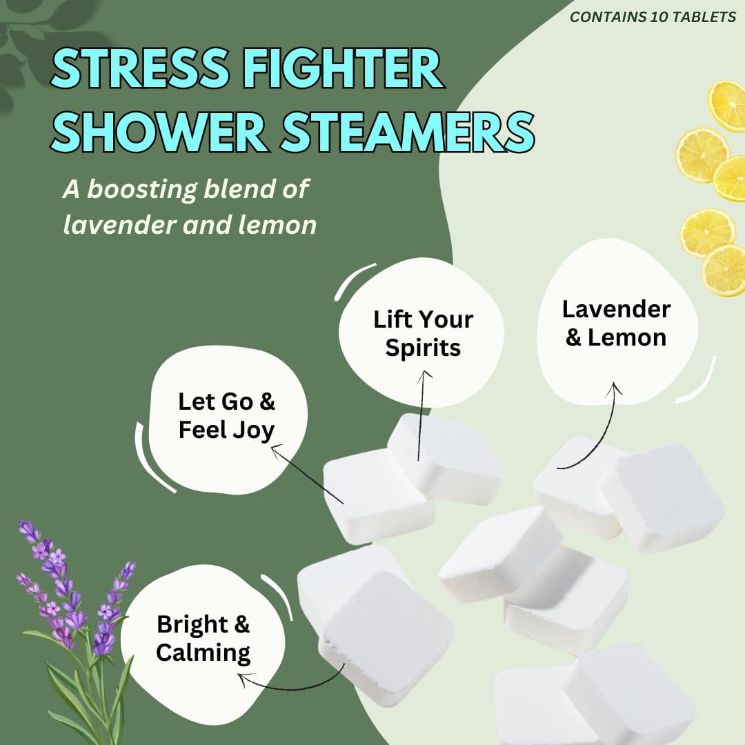 Stress Fighter Shower Steamers Aromatherapy for Relaxing - USA Made Valentines Day Gift for Her and Him - Lavender & Lemon Shower Bomb Tablets – Soothing Natural Essential Oils (10 Pack) - Image 2