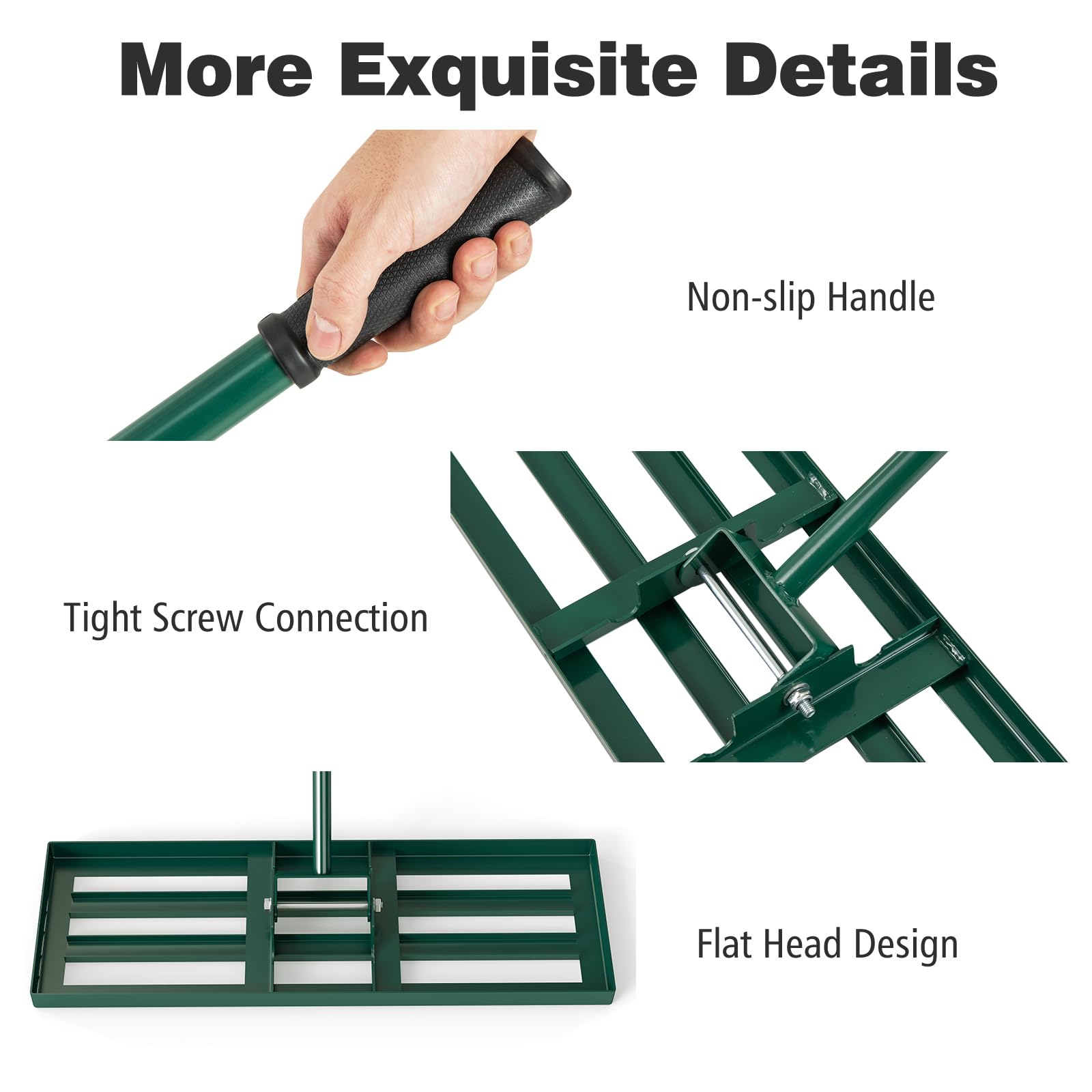 HOMASIS Rastrello Livellatore per Prato in Metallo con Manico Ergonomico e Impugnatura in Gomma, Rastrello per Foglie, Attrezzo per Prato per Campo da Golf e Cortile (Verde, 91 x 25 x 170 cm)