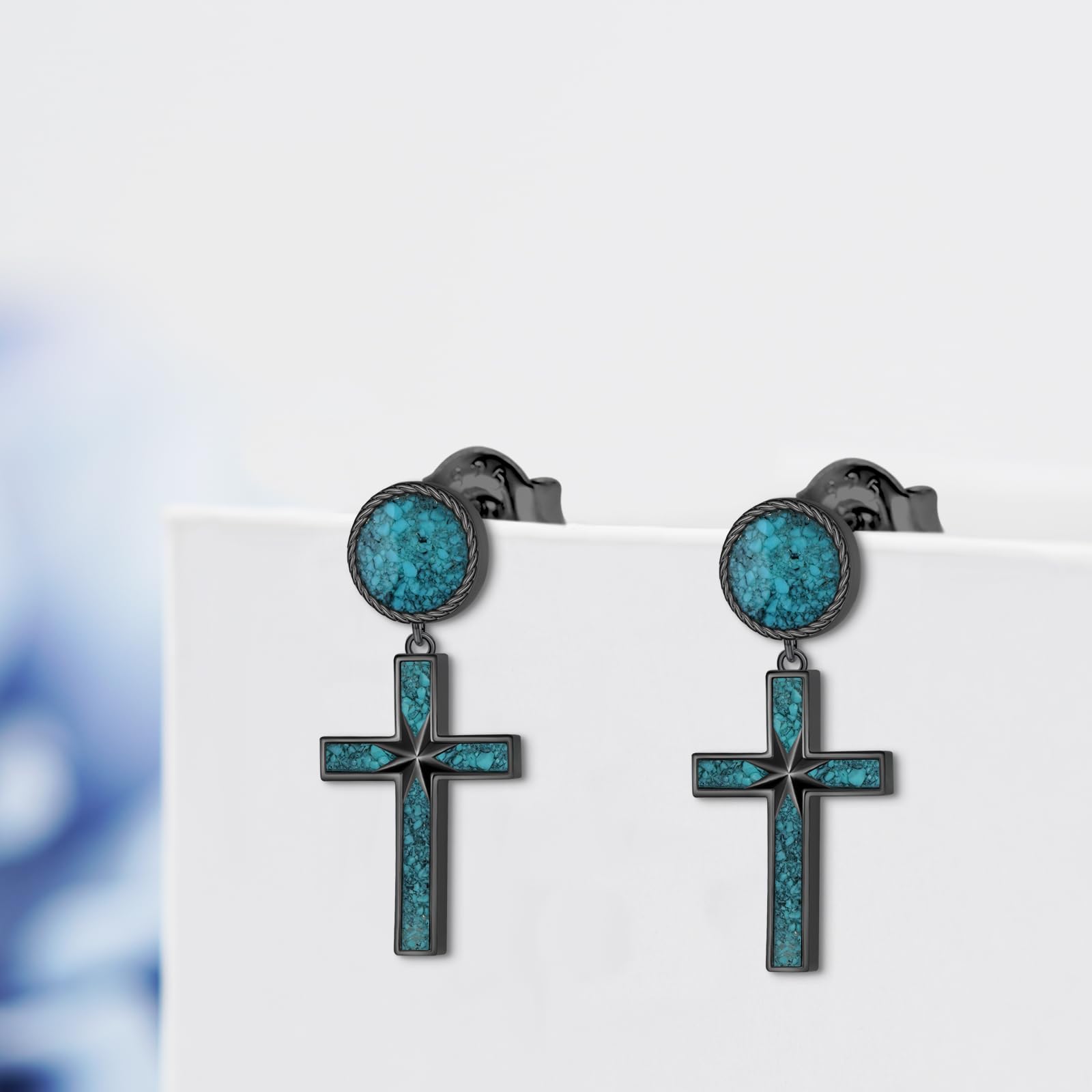 Pendientes de cruz negra de plata de ley 925 con turquesa, aretes colgantes de cruz para mujeres y hombres