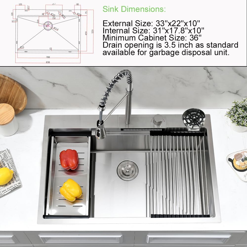 33 Inch Drop In Waterfall Kitchen Sink with Faucet Combo,Jshozzy Drop In Kitchen Sink Stainless Steel 16 Gauge Top Mount Workstation Sink 33x22 Single Bowl