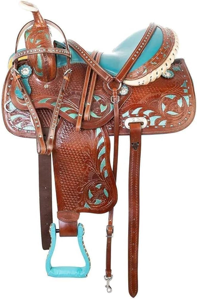 Western Leather Saddle for Horse Barrel Racing Tack Set with Bridle, Matching Headstall, Reins & Breast Collar, Premium Horse Gear, Equestrian Tack Combo