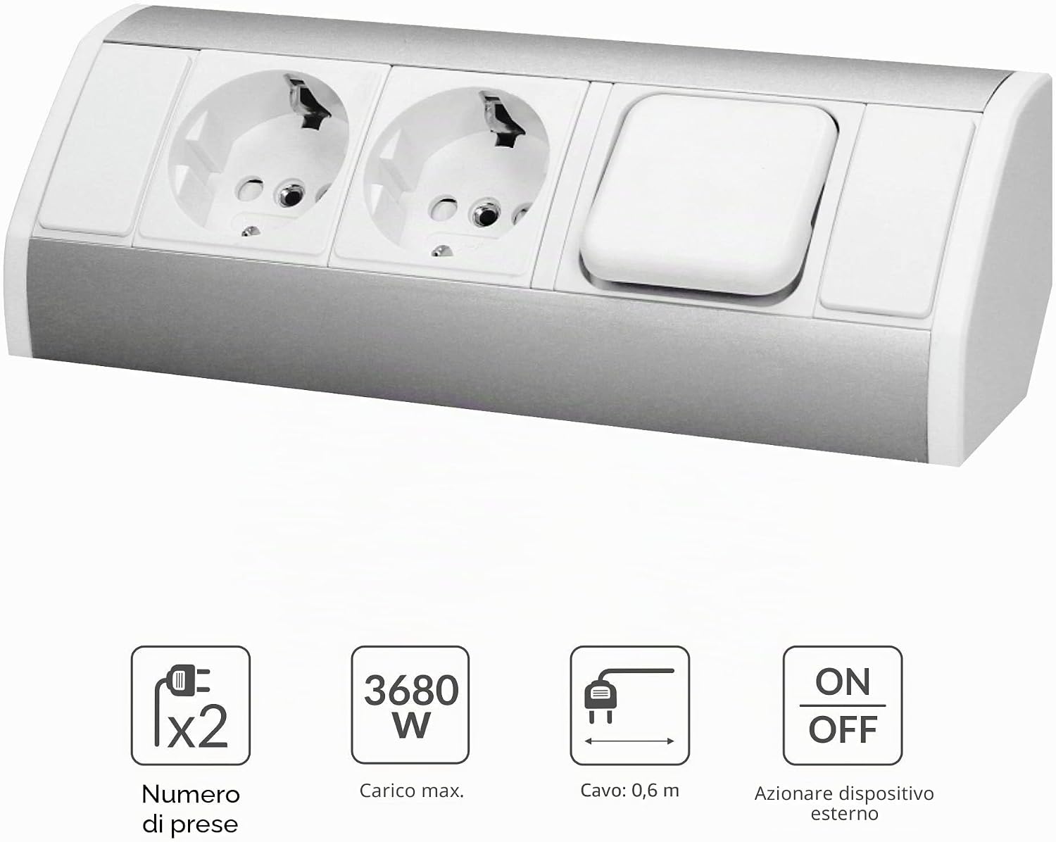 Diagram showing key features of the ORNO GM-9002: 2 sockets, 3680W max load, 0.6m cable, and an ON/OFF switch for an external device.