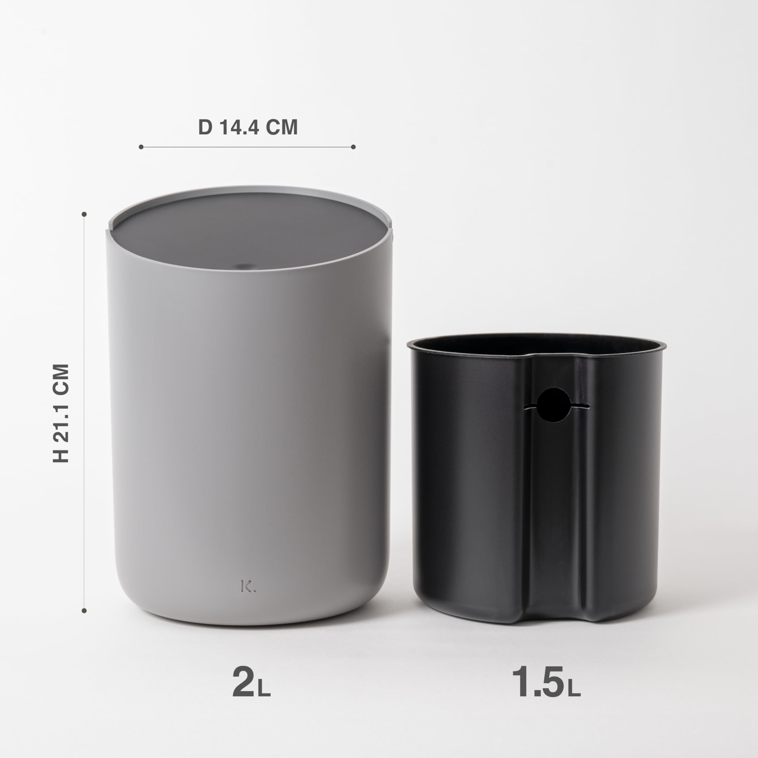 Kazai.® Mini Waste Bin 'Tove' - Small and Unique Design Bin from Berlin, Bin: Dark grey, Lid: Black, 14.2 cm x 14.2 cm x 21.1 cm - Image 4
