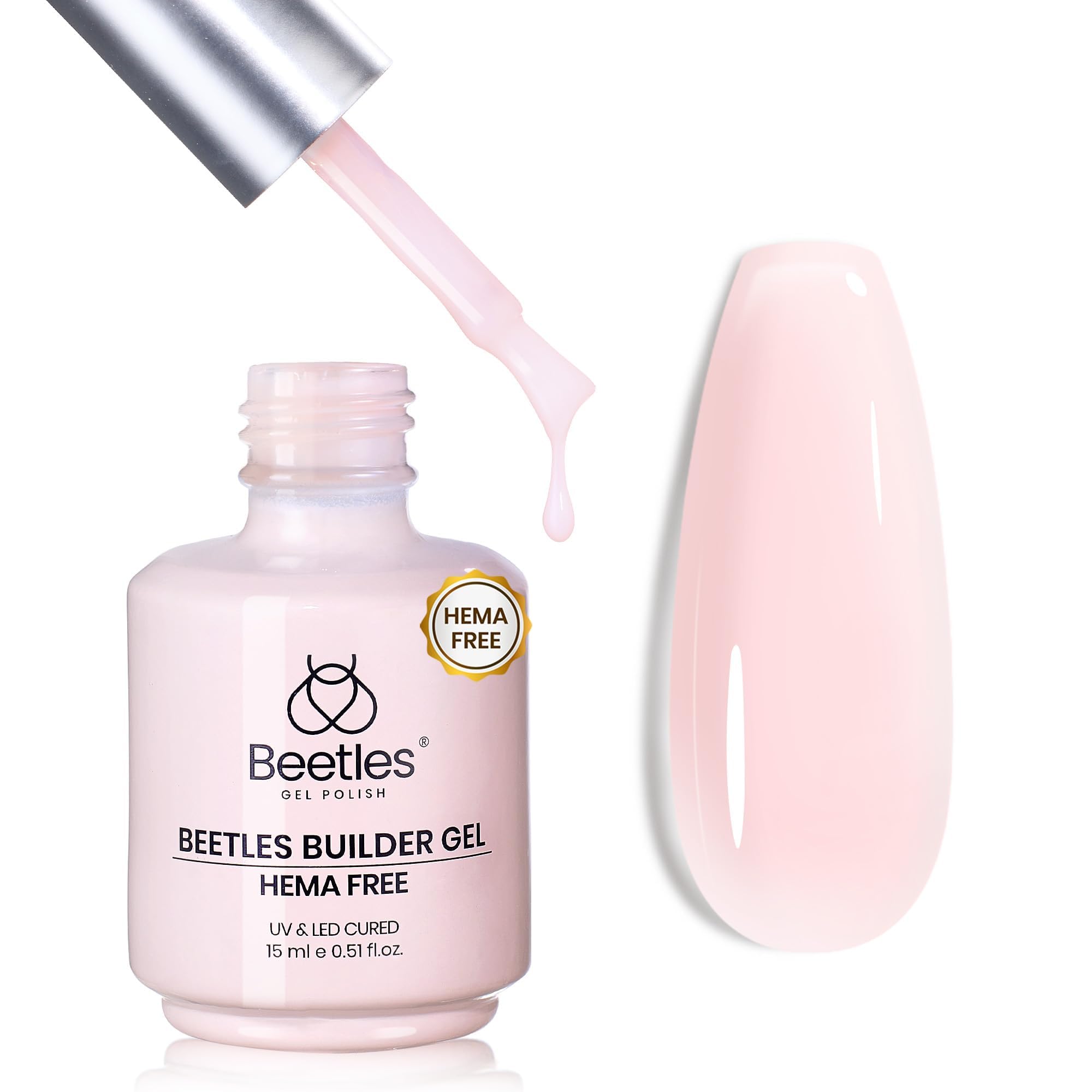 Beetles HEMA-Free Builder Nail Gel, 0.5 oz 8 in 1 Jelly Pink Gel Builder for Sensitive Nails Strengthening & Building Nail Apex UV & LED Lamp Cured