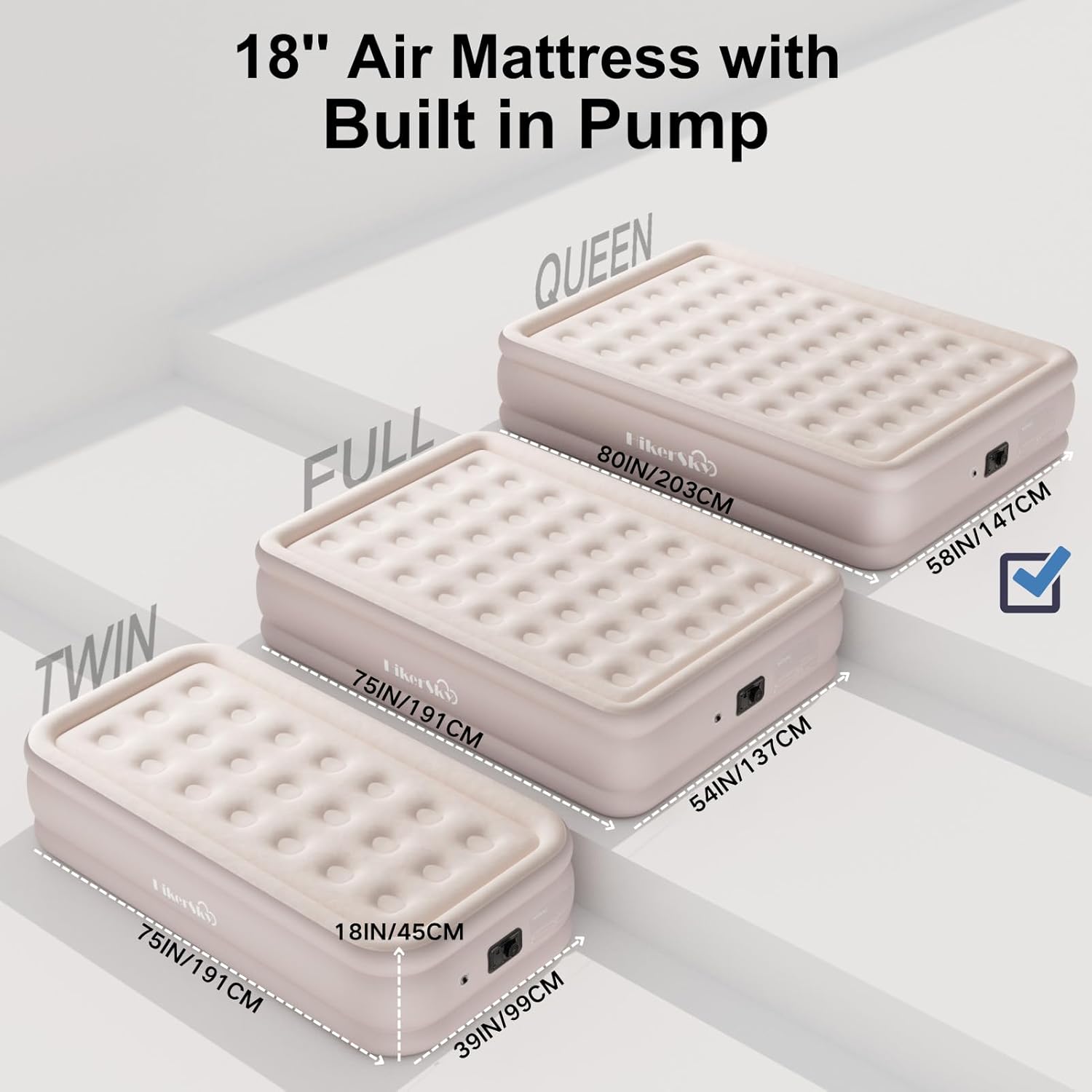 Queen Air Mattress with Built-in Pump, Air Bed with Portable Storage Bag, 18'' Blow up Mattress Suitable for Home and Guests, Top Flocking, 18" Queen Khaki