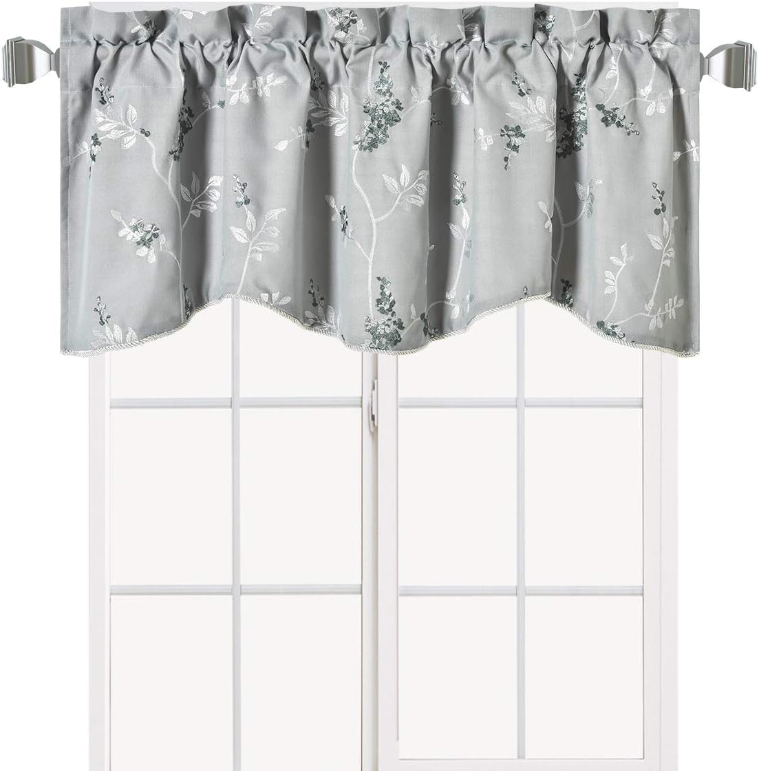 Royal Tradition Sue Floral Branches Embroidered Window Valance, Grey (52x17) Rod Pocket Polyester Valances for Small Windows