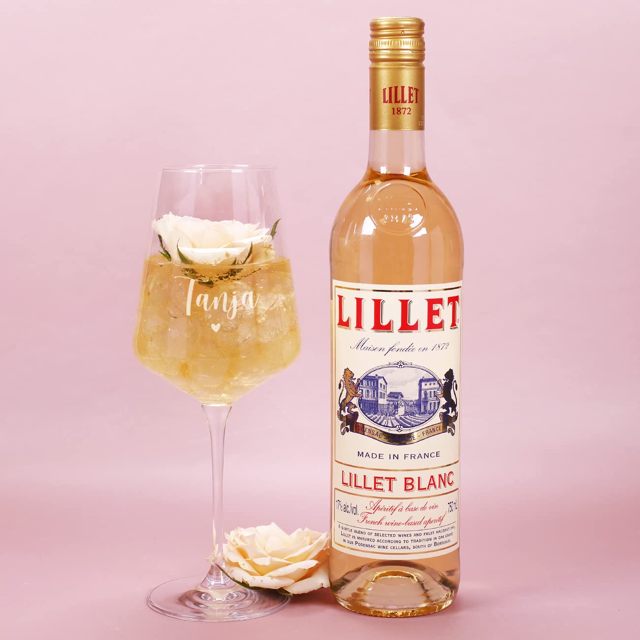 Herz & Heim® Lillet Geschenkset personalisierte Geschenkidee für die Frau mit Vintage Blumenmotiv, Geschenk für Frauen, Geschenke beste Freundin (Lillet Blanc)