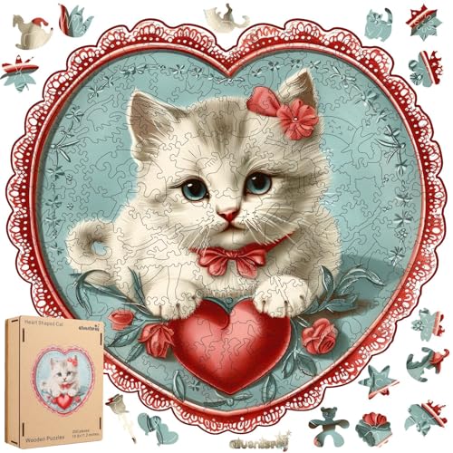Qiuenisray Wooden Puzzle for Adult 200 Piece, Sweet Heart Cat Jigsaw Puzzle for Cat Lover, Beautiful Puzzle Decor, FSC Certified Unique Animal Shape Puzzle Pieces, Gift for Woman and Girl 11.1x11.2 in