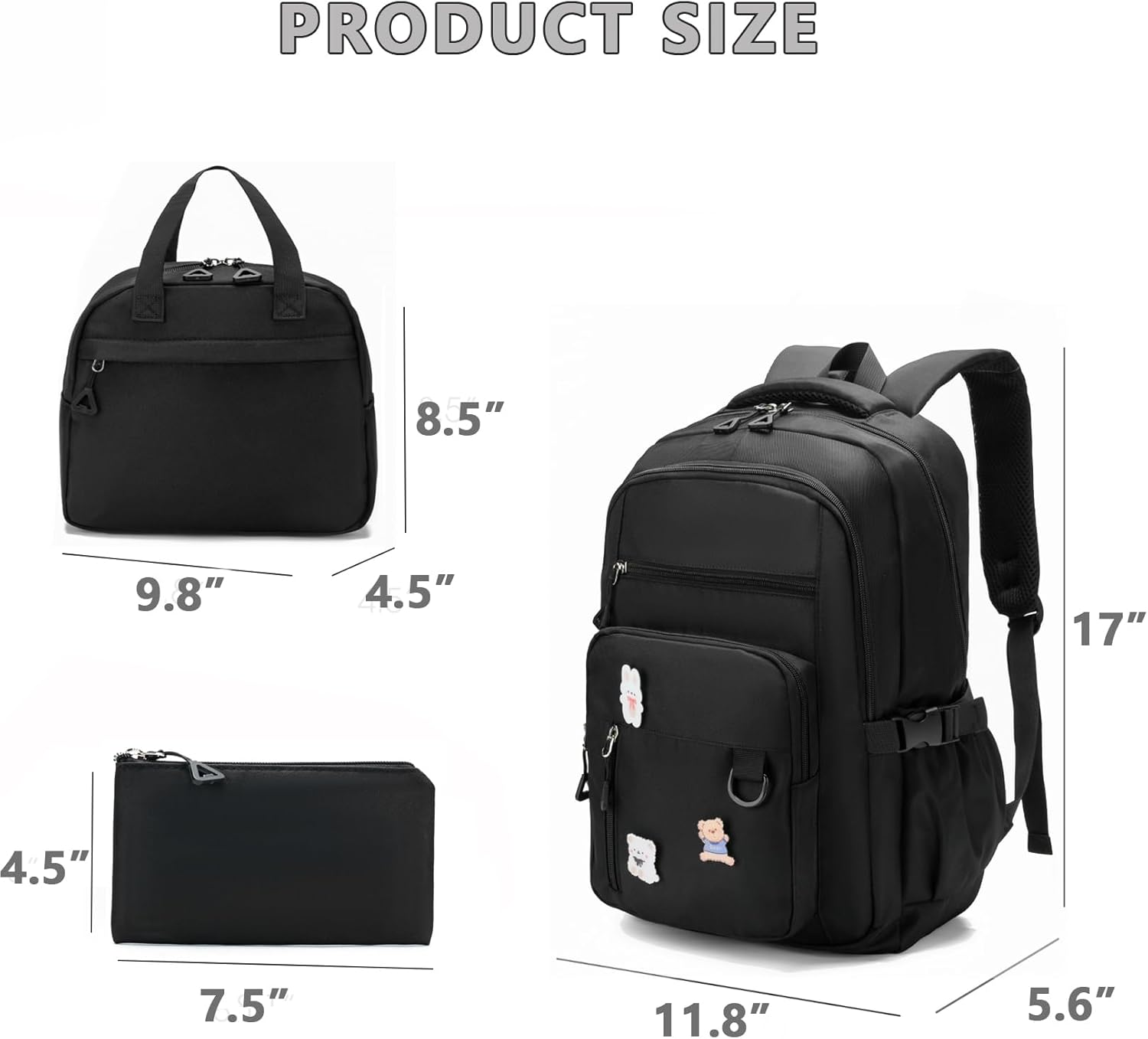 Kawaii Girls Backpack with Lunch Box Set, Cute Aesthetic Backpack Teens Bookbag for Middle High School (Black) - Image 3