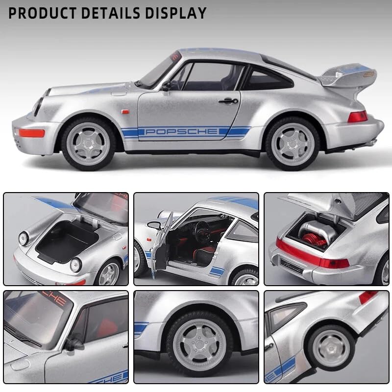 Image of 1:24 Porsche 911 964 Carrera RS Diecast Alloy Model Car - Classic Sports Pull Back Toy with Sound, Light & Openable Doors - Collectible Car for Kids & Adults