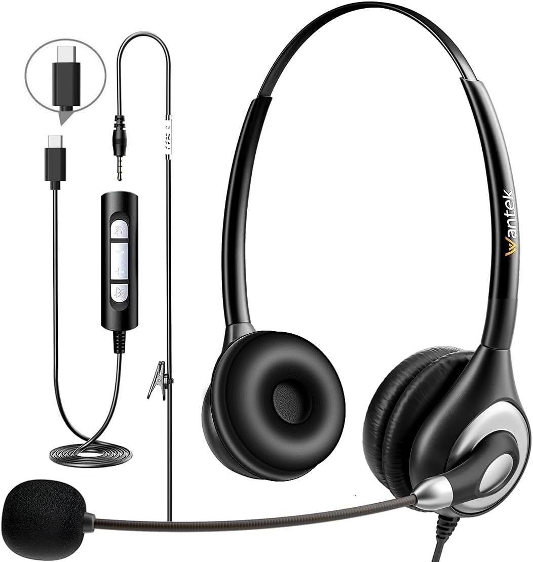 Wantek Headset with Microphone for PC Wired Headphones – USB C 3.5mm Headsets with Noise-Cancelling Microphone for Laptop – Type-C Computer Headphones with Mic in-line Control for Home