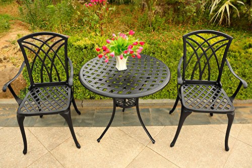 Centurion Supports OSHOWA Luxurious Garden & Patio Table & 2 Large Chairs with Armrests Cast Aluminium Bistro Set - Black - Image 5
