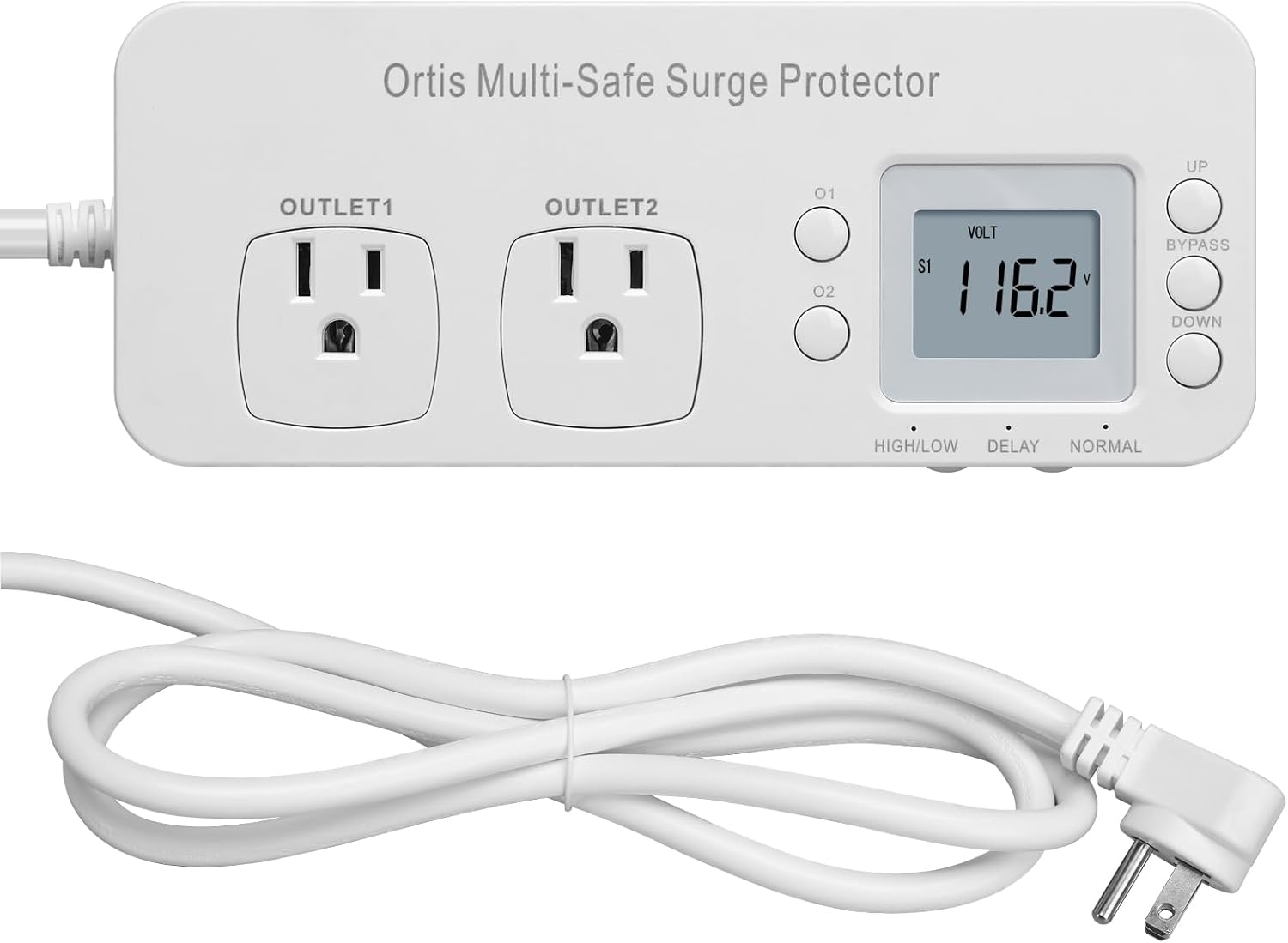 Refrigerator Surge Protector, Ortis Double Outlet RV Appliance Surge Protector with Time Delay & Real-Time Electricity Usage Monitor, Protects All Voltage Abnormalities, White