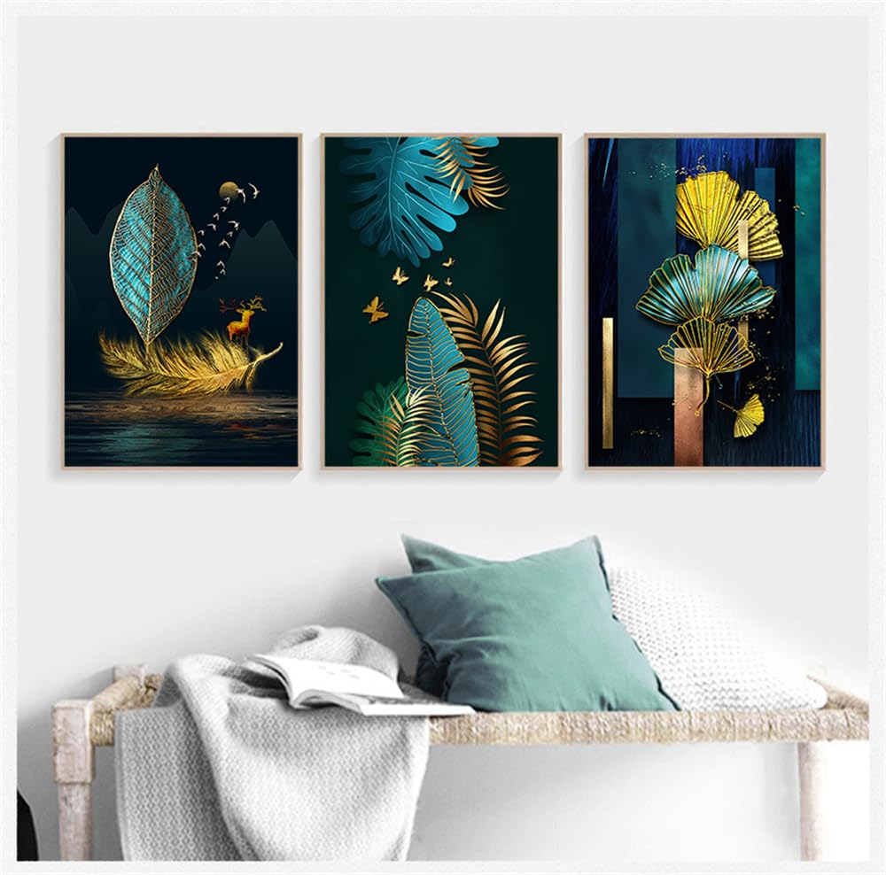 WBYZAC Botanical Posters-Gold Abstract Wall Art Prints Canvas Posters Prints Cheap Canvas Art Painting Green Botanical Bedroom Kitchen Home Decor Artwork-60 * 80cm*3PCS (No Frame)