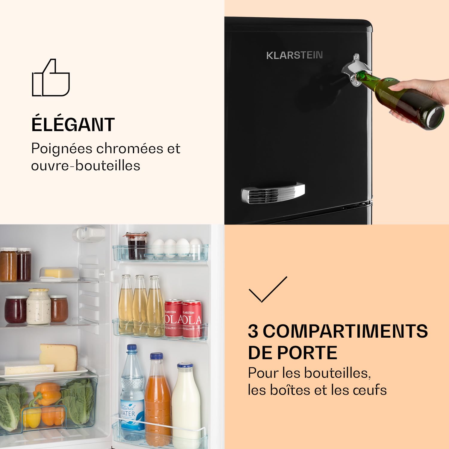 KLARSTEIN Audrey Retro - Réfrigérateur-congélateur combiné rétro, réfrigérateur et congélateur, capacité de refroidissement variable en continu, éclairage intérieur, niveau sonore 41 dB, noir