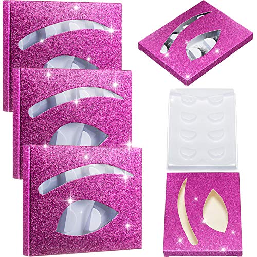 16 Pairs, 4 Sets Empty Eyelash Storage Book Glitter Lash Storage Case False Eyelash Display Container Holder False Eyelash Packaging Case Makeup Display Sample Container for Women Girls (Rose Red)