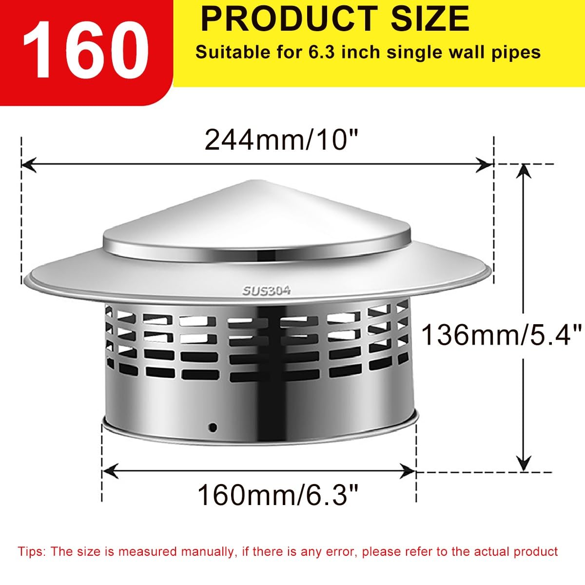Sombrerete Chimenea Tapa de Lluvia de Acero Inoxidable 304 Protector Contra Chimenea cónica para tubería de Chimenea al Aire Libre(160mm)
