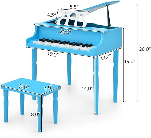 Miniatura 5 de HONEY JOY Piano clásico para niños, mini piano de cola de 30 teclas con soporte de música y banco, juguete de instrumento musical de madera con tapa