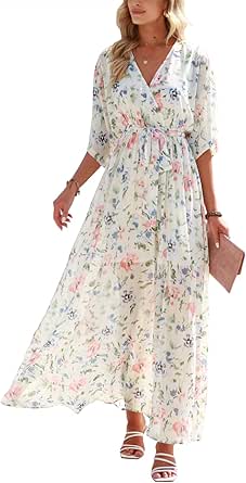 ANRABESS Womens Summer Loose Kimono Maxi Dress Wrap V Neck 3/4 Sleeve Floral Print Slit Long Dresses