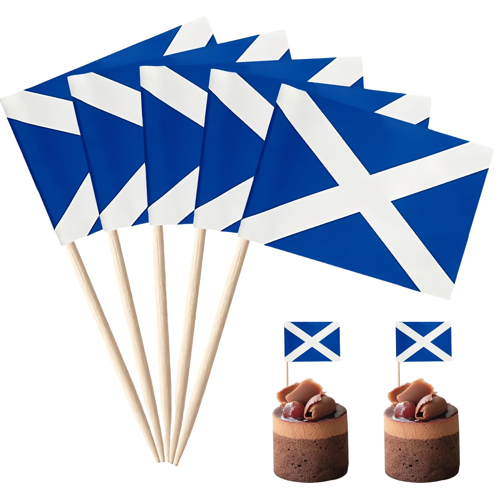 100Pcs Mini Scotland Flag Toothpicks Cupcake Toppers,Scotland Flags Cocktail Sticks Wooden Cake Toppers Sandwich Decorations for Eurovision Party,Euros Football Game,Olympics 2024 Decorations