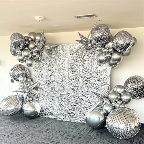 Image of 14 Pcs Disco Ball Balloons 22 /15 /10 4D Ball Balloons Metallic Silver Disco Mylar Balloon Chrome for Birthday Bachelorette 70s 80s 90s Themed Graduation Retro New Year Eve Prom Party Decor