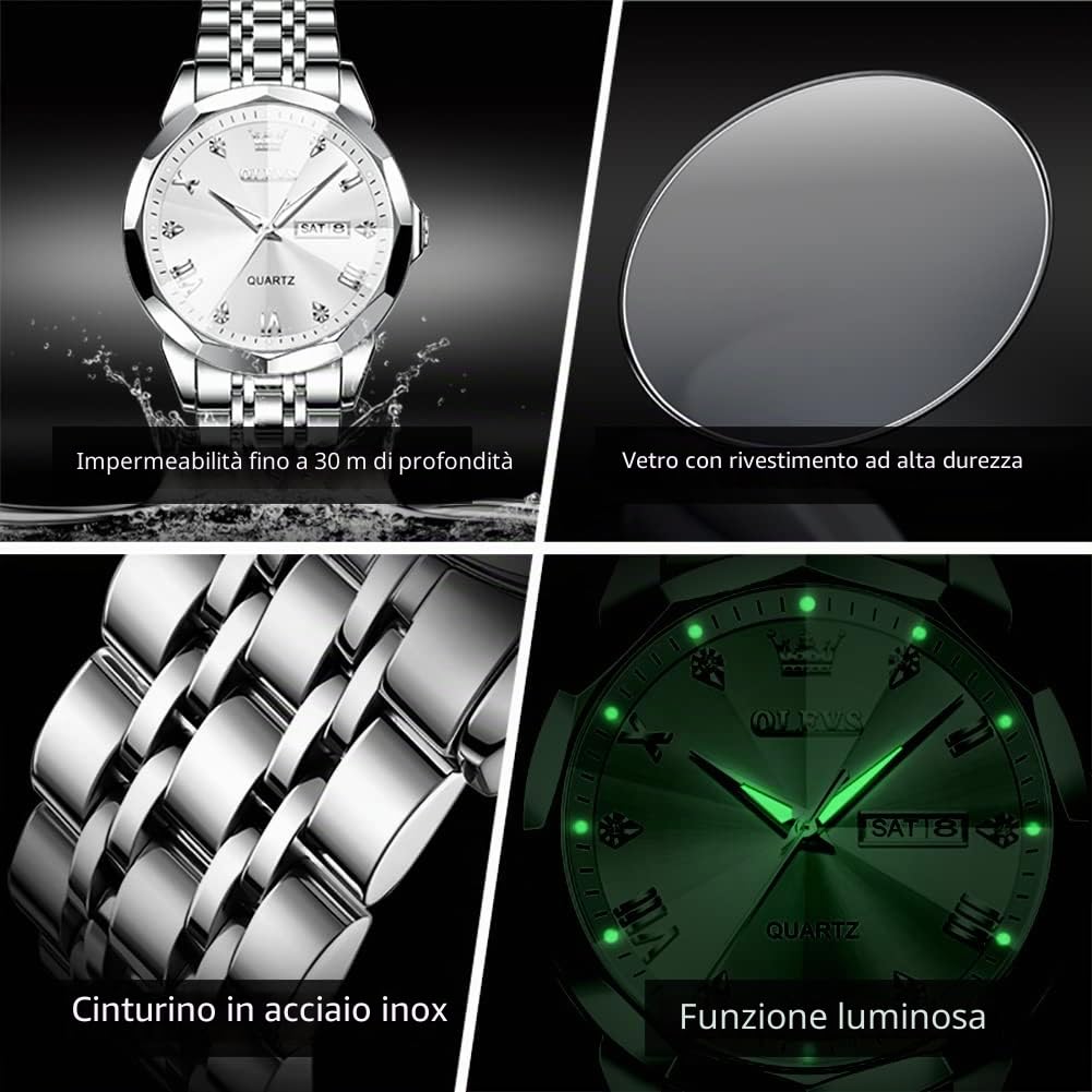 OLEVS Male Wrist Watches, Analog Quartz Business Stainless Steel Waterproof Luminous Watches Luxury Casual Big Diamond Dial Date Multi-Function Chronograph Watches for Man