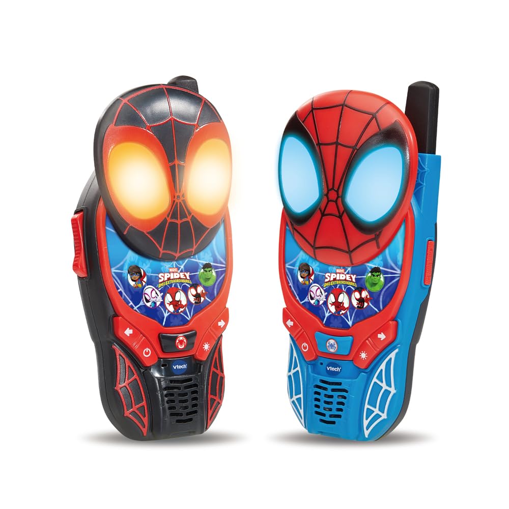 VTech - Interaktive Walkie-Talkies Spidey und seine Freunde – 2 Walkie-Talkie Spidey/Spin – sichere Kommunikation, Spiele und Lichteffekte – Geschenk für Kinder von 3 Jahren bis 7 Jahren – Inhalt auf