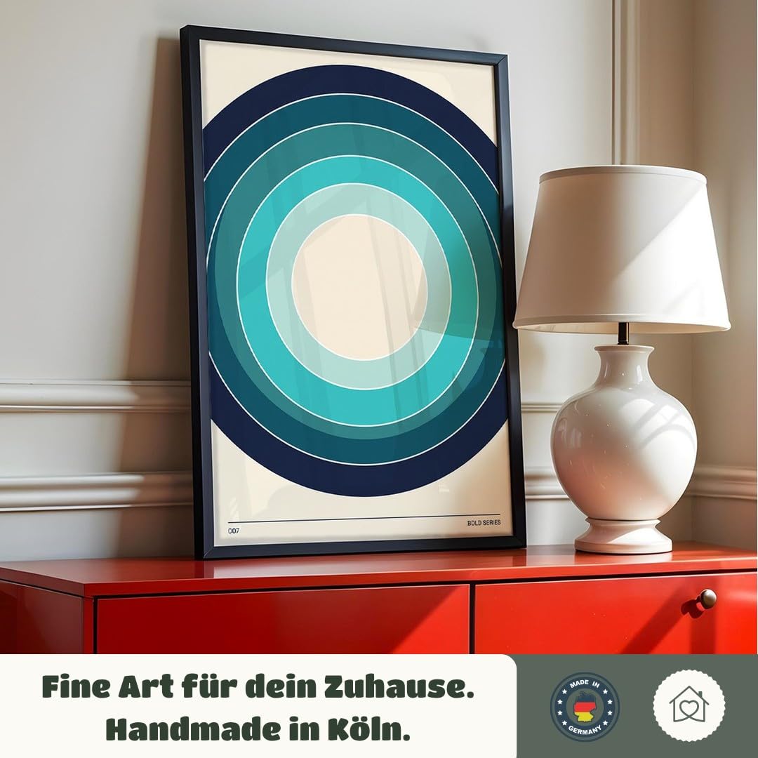 MJ-GRAPHICS® Poster Kreise Kunstdruck geometrisch Wandbild Blau Türkis Deko Wohnzimmer Entspannung Harmonisch Beruhigend Kunst druck Modernes Design Dekoration A2 mit schwarzem Rahmen