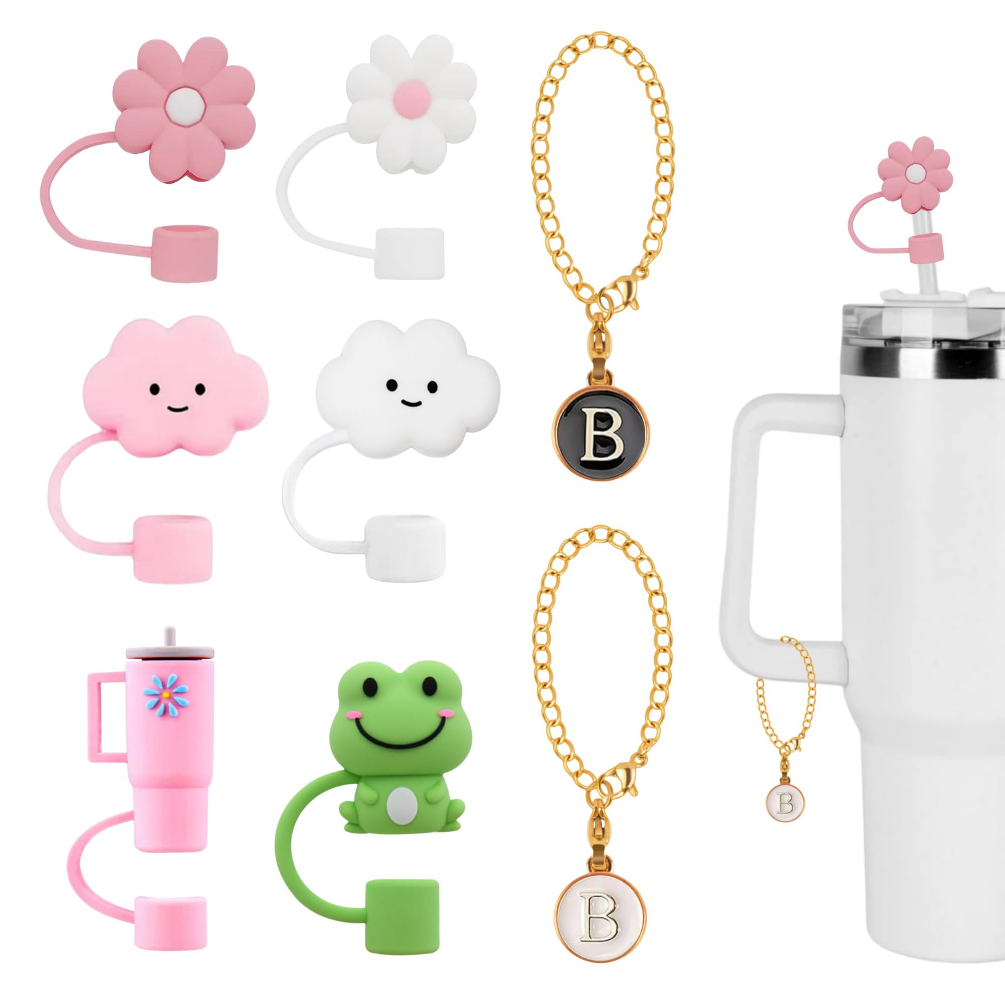 6pcs Straw Covers 30 40 Oz Tumbler Accessories for Stanley Cup with Handle Cute Cloud Flower Frog 10mm Silicone Straw Topper Lid 2pcs Initial Personalized Letter Charm Straw Cap Tips (B)